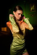 Turuncu Yeşil Degrade Saten Gömlek Elbise