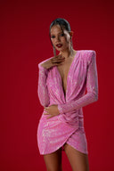 Pembe Payetli Drape Detaylı Mini Elbise
