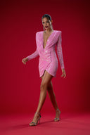 Pembe Payetli Drape Detaylı Mini Elbise