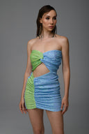 Mavi Yeşil Cut Out Detaylı Straplez Elbise
