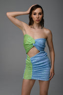Mavi Yeşil Cut Out Detaylı Straplez Elbise