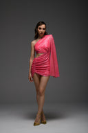 Pembe Payetli Cut Out Detaylı Geniş Kol Tek Omuz Elbise