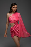 Pembe Payetli Cut Out Detaylı Geniş Kol Tek Omuz Elbise