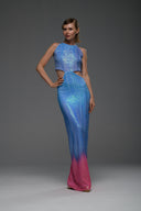 Mavi Pembe Degrade Cut Out Detaylı Maxi Elbise