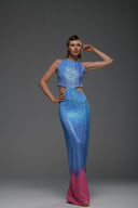 Mavi Pembe Degrade Cut Out Detaylı Maxi Elbise