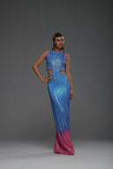 Mavi Pembe Degrade Cut Out Detaylı Maxi Elbise