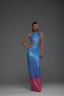Mavi Pembe Degrade Cut Out Detaylı Maxi Elbise