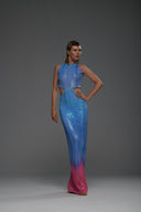 Mavi Pembe Degrade Cut Out Detaylı Maxi Elbise