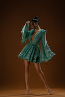 Yeşil Payetli Geniş Kol Detaylı Elbise