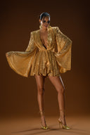 Gold Payetli Geniş Kol Detaylı Elbise