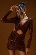 Kahverengi Payetli Cut Out Detaylı Mini Elbise
