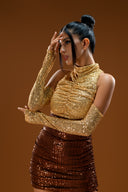 Kahve Gold Payetli 2 Renkli Mini Elbise
