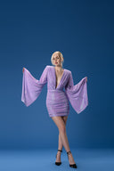 Lila Payetli Geniş Kol Detaylı Drapeli Mini Elbise