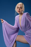 Lila Payetli Geniş Kol Detaylı Drapeli Mini Elbise