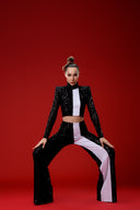 Siyah Beyaz Şerit Detaylı Payetli Pantolon Crop Top Takım