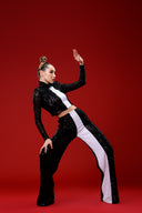 Siyah Beyaz Şerit Detaylı Payetli Pantolon Crop Top Takım