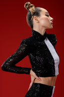 Siyah Beyaz Şerit Detaylı Payetli Pantolon Crop Top Takım