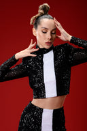 Siyah Beyaz Şerit Detaylı Payetli Pantolon Crop Top Takım