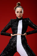 Siyah Beyaz Şerit Detaylı Payetli Pantolon Crop Top Takım