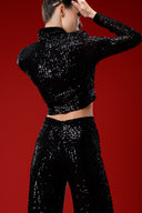 Siyah Beyaz Şerit Detaylı Payetli Pantolon Crop Top Takım
