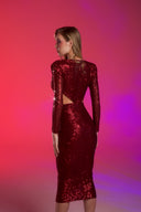 Bordo Payetli V Yaka Cut Out Detaylı Midi Elbise