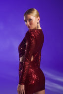 Bordo Payetli V Yaka Cut Out Mini Elbise