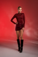 Bordo/Bordo Renk Bloklu Mini Elbise