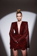 Bordo Payetli Geniş Kol Detaylı Elbise