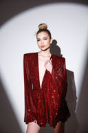 Bordo Payetli Geniş Kol Detaylı Elbise