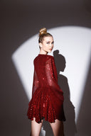 Bordo Payetli Geniş Kol Detaylı Elbise