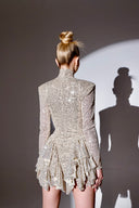 Gümüş&Bej Payetli Boğazlı Volan Detaylı Mini Elbise