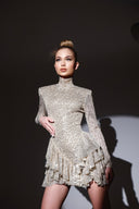 Gümüş&Bej Payetli Boğazlı Volan Detaylı Mini Elbise