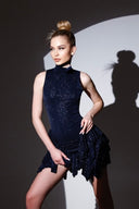 Lacivert Simli Boğazlı Kolsuz Volan Detaylı Mini Elbise