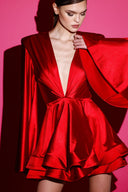 Kırmızı Saten Glenli Elbise