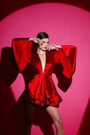 Kırmızı Saten Glenli Elbise