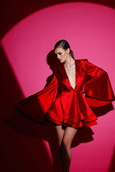 Kırmızı Saten Glenli Elbise