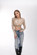 Light Gold Metalik Efektli Vatkalı Crop Top