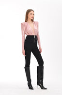Uçuk Pembe Metalik Efektli Vatkalı Bodysuit