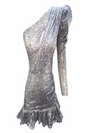 Gümüş/Bej Payetli Tek Kol Fırfırlı Elbise