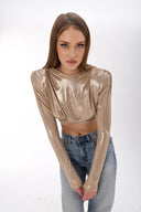 Light Gold Metalik Efektli Vatkalı Crop Top