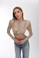 Light Gold Metalik Efektli Vatkalı Crop Top