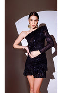 Lacivert Payetli Tek Omuz Elbise