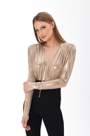 Light Gold Metalik Efektli Vatkalı Bodysuit