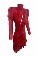 Kırmızı Payetli Fırfırlı Elbise