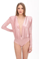 Uçuk Pembe Metalik Efektli Vatkalı Bodysuit