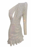 Beyaz Hologram Payetli Tek Omuz Elbise