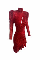 Kırmızı Payetli Fırfırlı Elbise