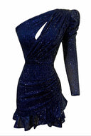 Lacivert Payetli Tek Omuz Elbise