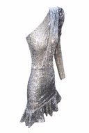 Gümüş/Bej Payetli Tek Kol Fırfırlı Elbise