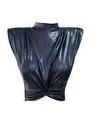 Vatkalı Düğümlü Crop Top Hologram Lacivert